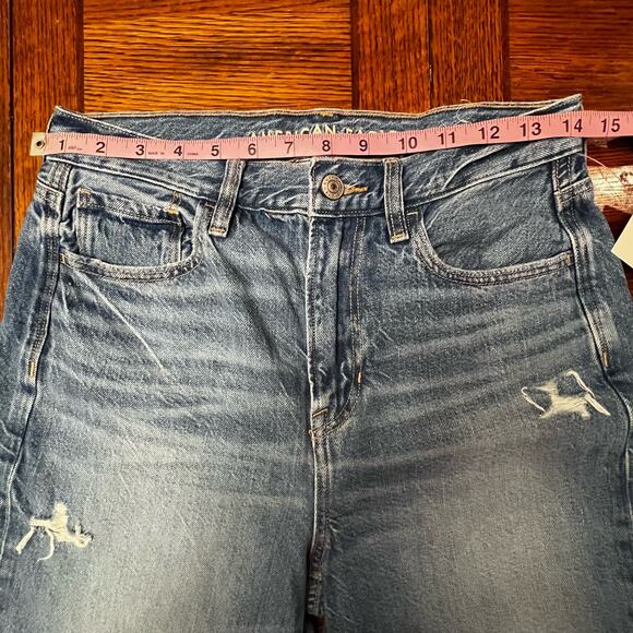 American Eagle AE Blue Denim Jean Straight Regular Destructed Distressed Size 4 - Picture 4 of 10